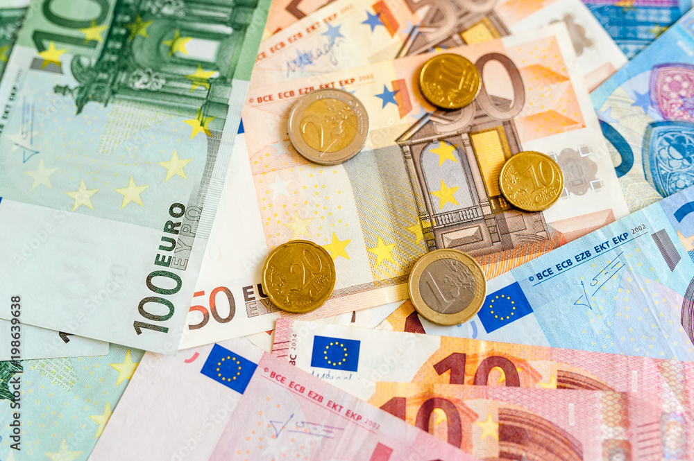 Pack of european currency, banknotes and coins Pack of european currency, banknotes and coins