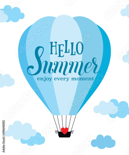 Summer vector card with hot air balloon in the sky with clouds