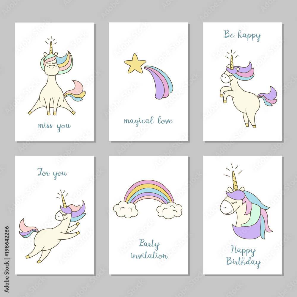 Plakat Set of cards with cute unicorns.
