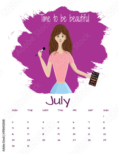 Vector calendar 2018 July.Vector illustration of beautiful make up artist with brush and pallet of shadows in hands, ready to do the make up.