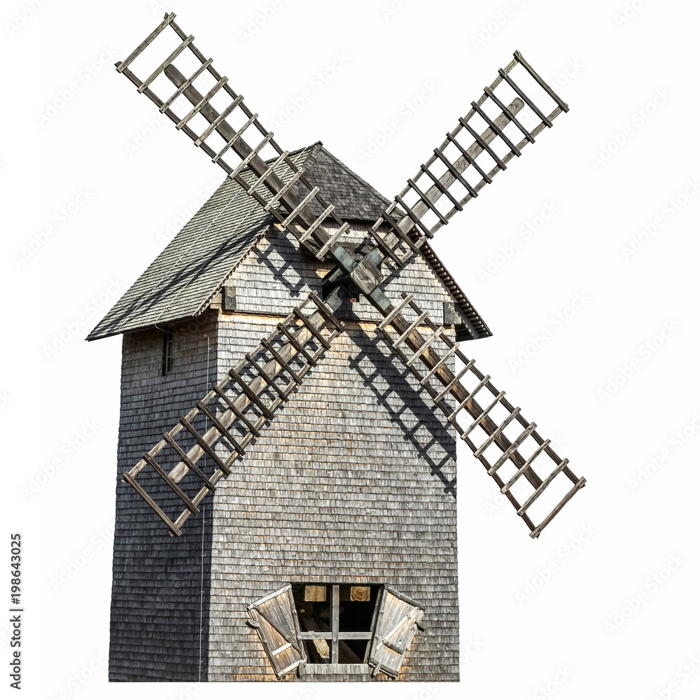 Old wooden windmill isolated
