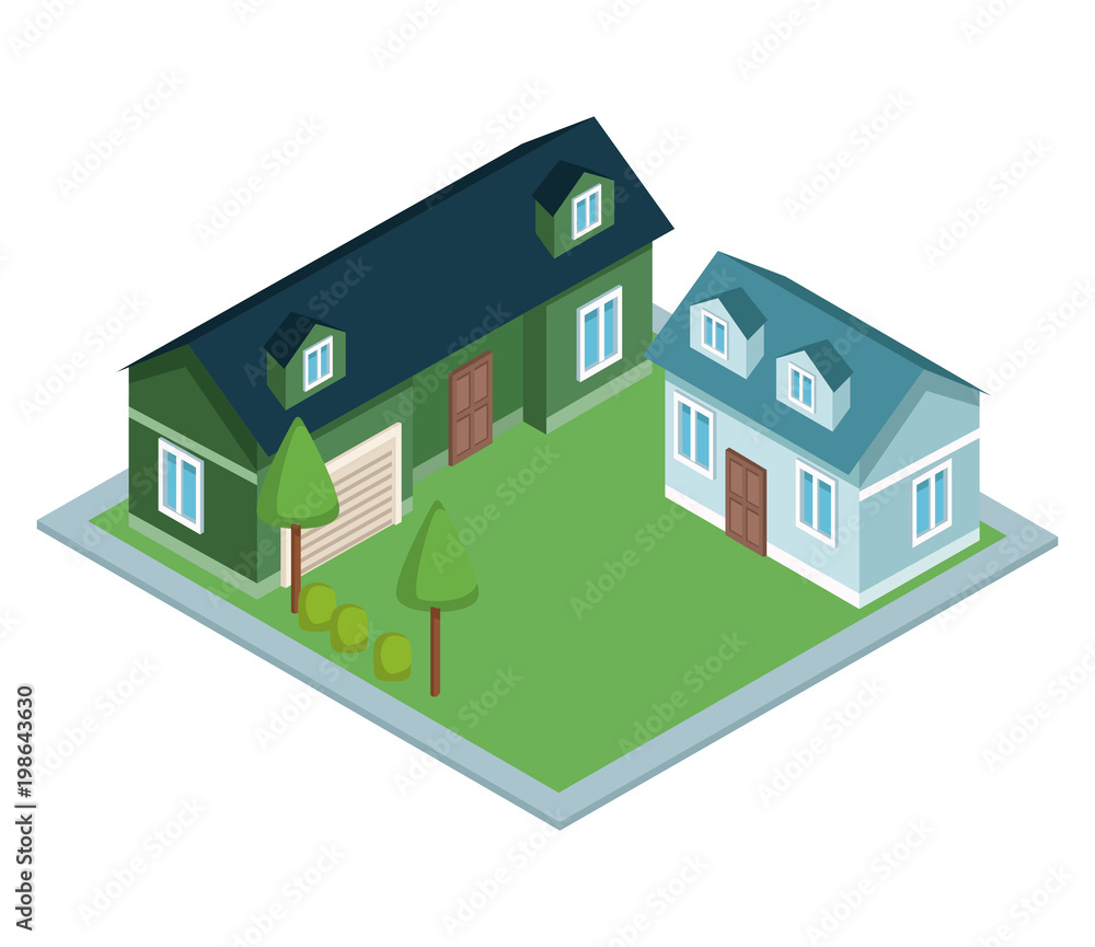 Isometric group of houses 3d vector illustration graphic design