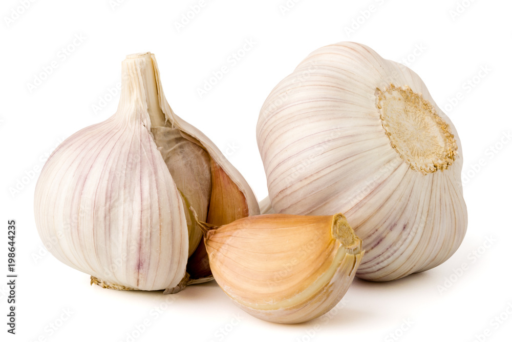 Obraz premium Two garlic heads on a white background.