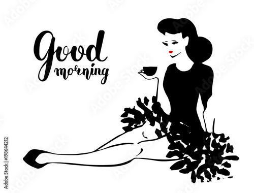 An elegant woman with a long fit lags in a beautiful lush dress sits on the floor and holds a cup of coffee. A minimalistic hand drawn vector illustration. Isolated on a white background.