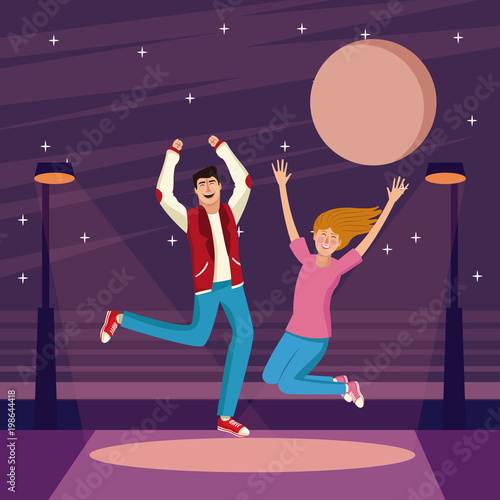 Young people jumping at city night vector illustration graphic design