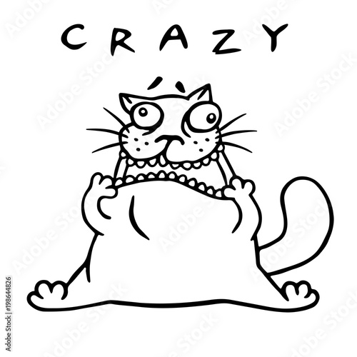 Funny fat mad cat stretched out his mouth. Vector illustration photo