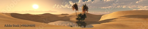 oasis in the desert of sand, panorama of the desert 3D rendering 