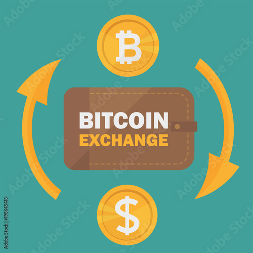 Dollar to bitcoin currency exchange. Bitcoin exchange with bitcoin coin symbol and sign of other currencies. Cryptocurrency technology. Vector illustration