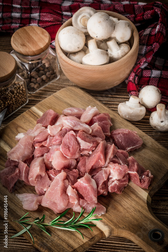 Raw meat diced for stew.