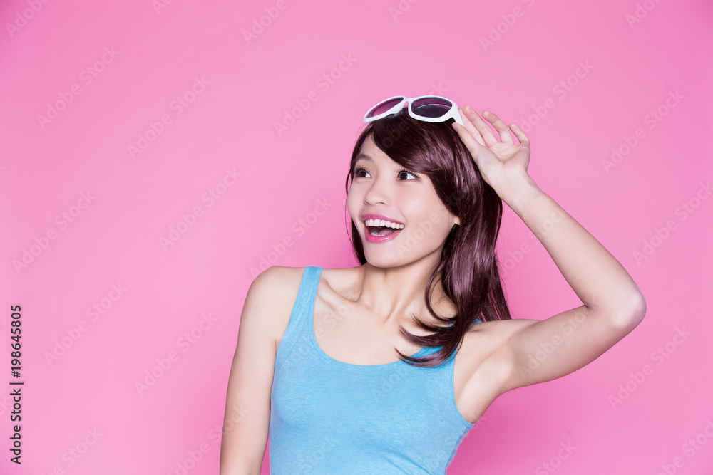 woman wear sunglasses and smile woman wear sunglasses and smile