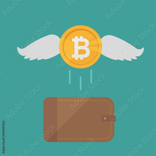 Brown wallet with bitcoin cash. Concept for business, print, web sites, magazines, online shop, finance, banks. Coins bitcoin with wings flying. Lost money concept. Vector illustration