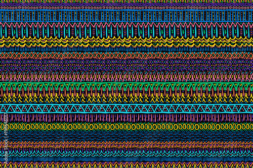 Tribal pattern. Embroidery ornament. Ethnic style. Fabric design effect texture. Boho fashion. Traditional textile. Vector seamless pattern for fashion design, interior or printed products.