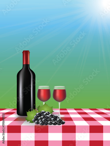 Wine bottle with glasses on picnic tablecloth, vector