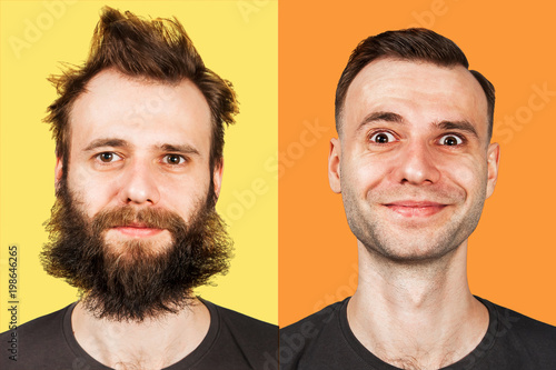 Young guy with beard and without a beard. Man before and after shave. Isolated.