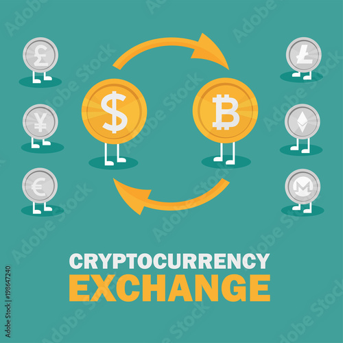 Dollar to bitcoin currency exchange. Bitcoin exchange with bitcoin coin symbol and sign of other currencies. Cryptocurrency technology. Vector illustration