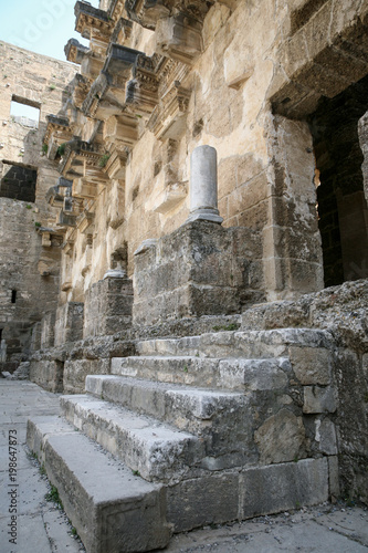 interior decoration of ancient roman amphitheatre in Aspendos, Turkey