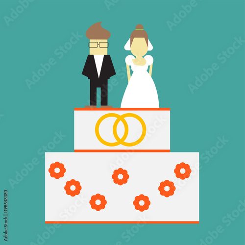 Wedding cake with rings and toppers bride and groom vector illustration greeting card