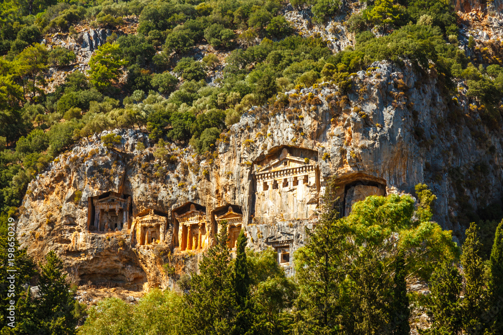Lycian tombs located in the rocks. Near the lake Koycegiz. Turkey
