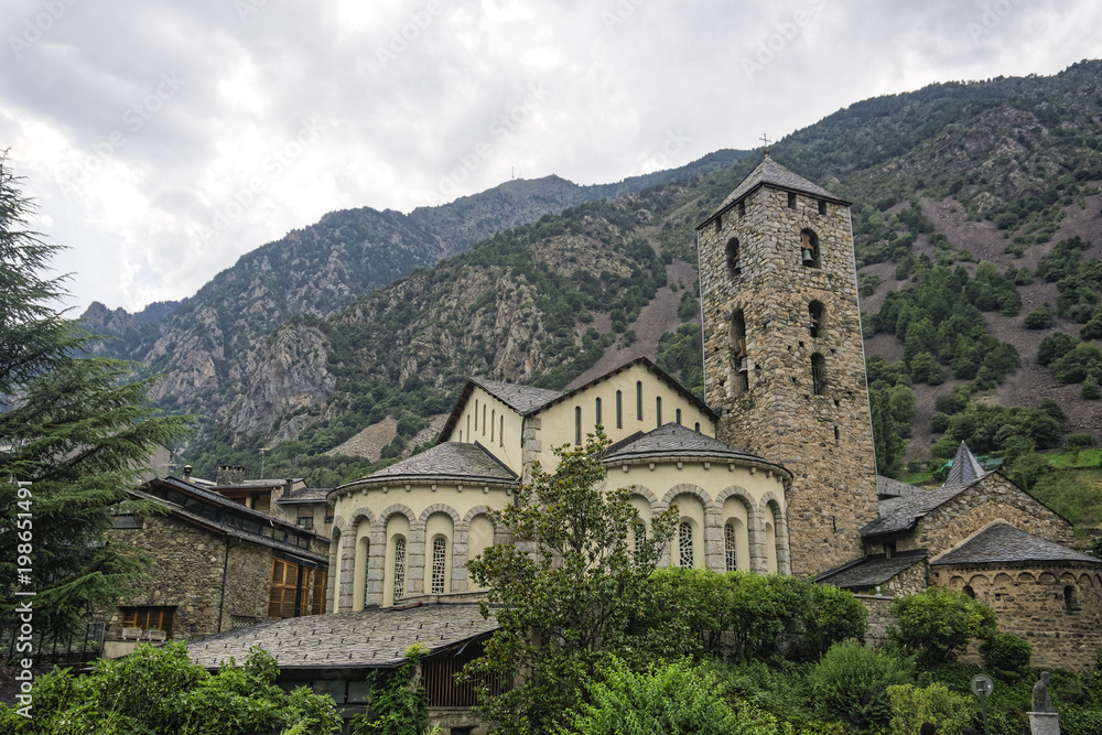 Andorral la Vella, Andorra The Chrurch of Sant Esteve facade.External day view of 12th century parish church Esglesia de Sant Esteve on the capital of the Principality of Andorra.