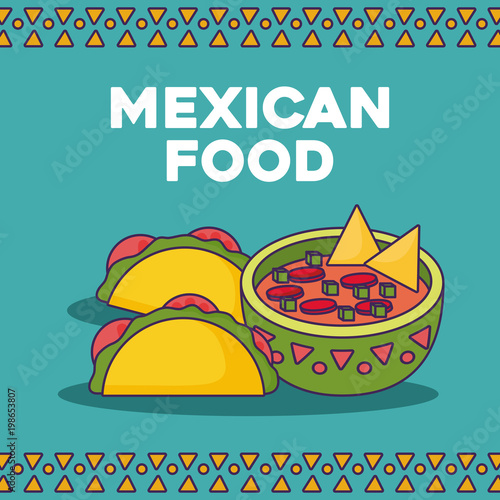 Mexican food design with tacos and sauce bowl over blue background, colorful design. vector illustration