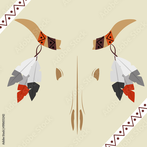 native american skull buffalo horned festhers hanging vector illustration