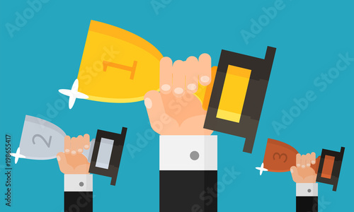 Hand holding trophy. Gold, silver and bronze winners cup. Businessmans. Award. Flat style. Vector illustration