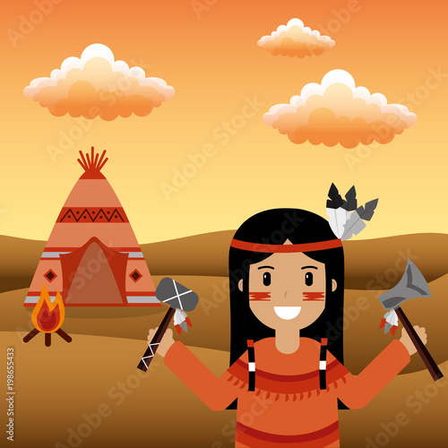 native american holding tomahawk and axe in hands and teeepee bonfire desert vector illustration