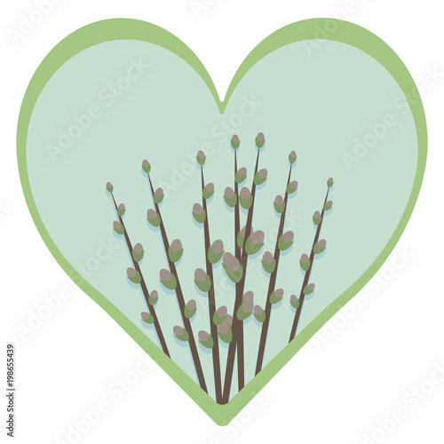 spring fresh easter blue heart with sky and branches of pussy willow with green border isolated on white background