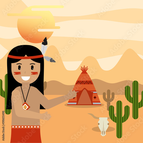 native american man pointing teepee house in the desert cactus skull vector illustration