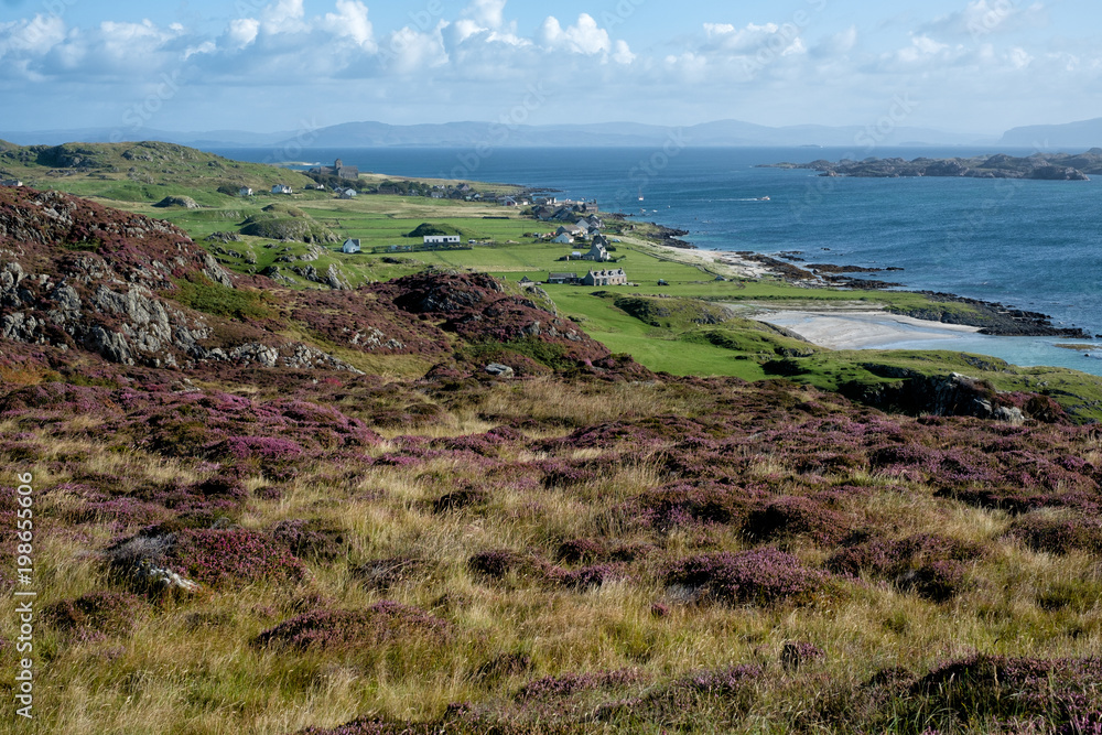 A view overlooking the coastline of the Isle of Iona in Scotland.