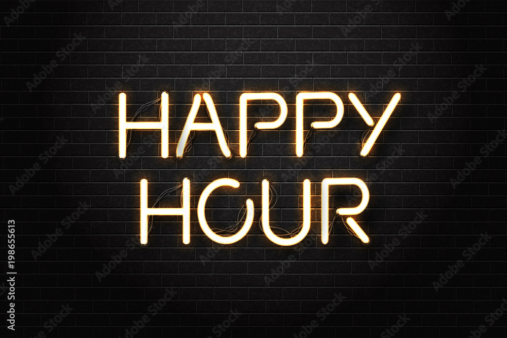 Vector realistic isolated neon sign of Happy Hour lettering logo for decoration and covering on the wall background. Concept of night club, free drinks, bar counter and restaurant.