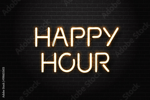 Vector realistic isolated neon sign of Happy Hour lettering logo for decoration and covering on the wall background. Concept of night club, free drinks, bar counter and restaurant.