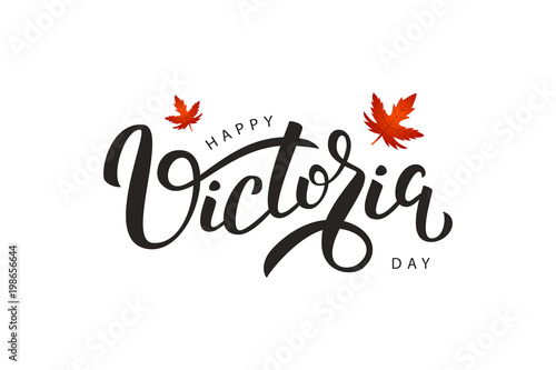 Vector isolated handwritten lettering for Victoria Day with realistic red maple leaves. Vector typography for greeting card, decoration and covering. Concept of Happy Victoria Day in Canada. photo