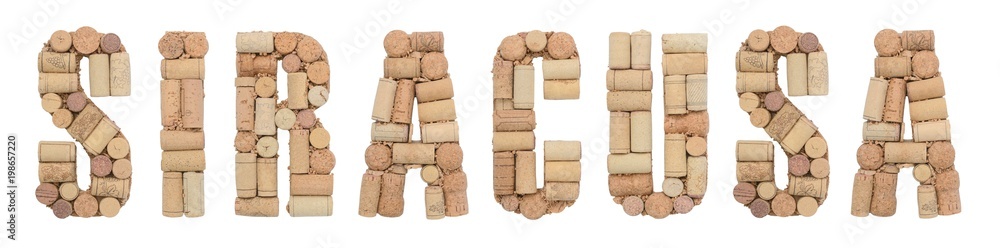 Italian province Siracusa made of wine corks Isolated on white background