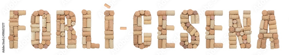 Italian province Forlì-Cesena made of wine corks Isolated on white background
