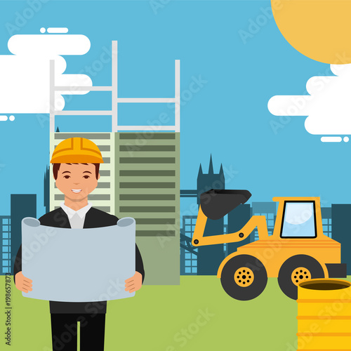 architect holding project plan with bulldozer in construction site vector illustration