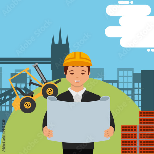 architect blueprint with hard hat and construction forklift bricks vector illustration