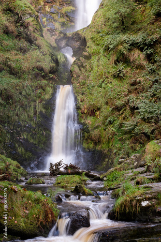 The lower half of the spectacular Pistyll Rhaeadr waterfall in Wales.