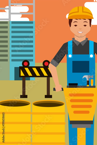 construction worker character and jackhammer barrels and barier equipment vector illustration