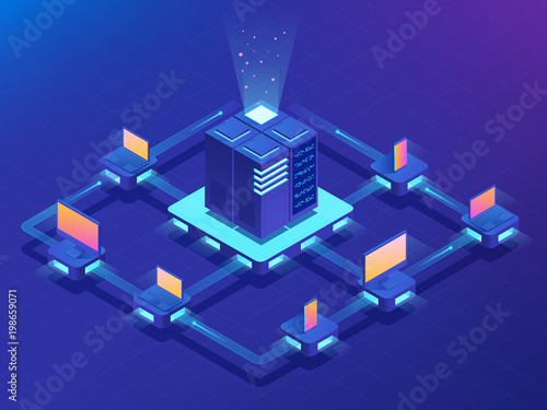 Cryptocurrency and Blockchain concept. Farm for mining bitcoins. Isometric vector illustration