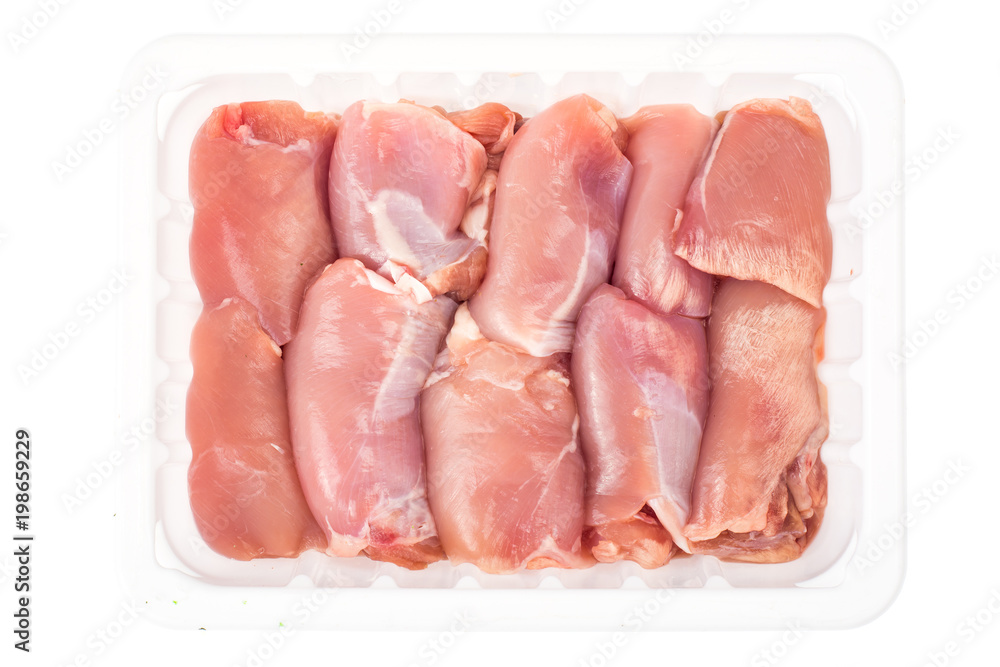 Fresh raw chicken meat in white plastic container Fresh raw chicken meat in white plastic container
