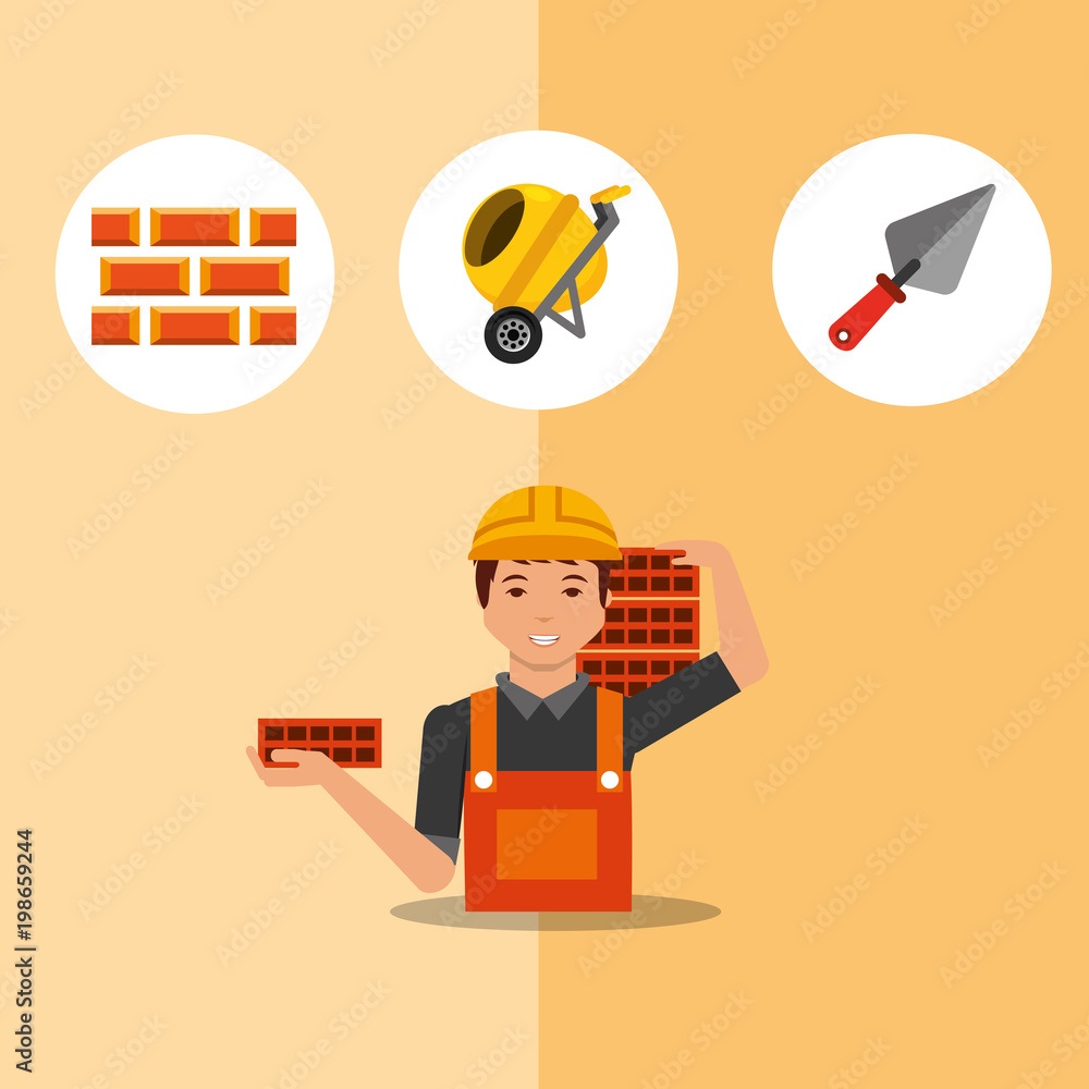 construction worker carrying bricks spatula mixer and bricks tools vector illustration