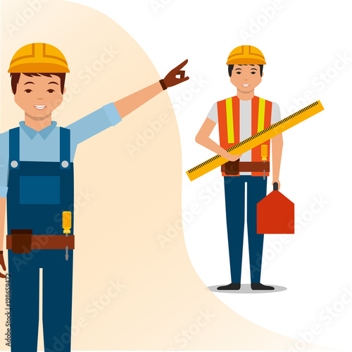 construction people workers foreman ruler and toolbox vector illustration