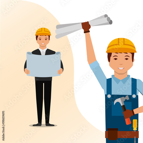 construction architect blueprint and worker with tools vector illustration