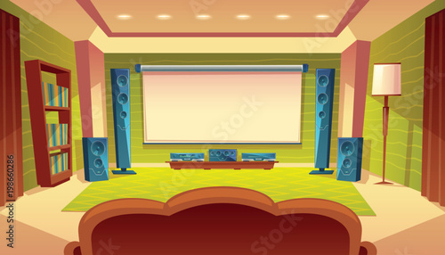 Vector cartoon home theater with projector, audio video system inside the hall. White screen on the wall, speakers, sofa, furniture. Modern interior, electronic device with stereo surround