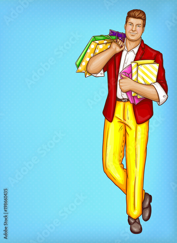 Vector pop art pretty fat man with shopping bags. Obese handsome character in suit, red jacket, yellow trousers, shoes. Fatty dandy with package isolated on blue background. Big man for poster, banner