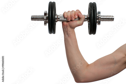 woman hand with black metal Dumbbell isolated on white background