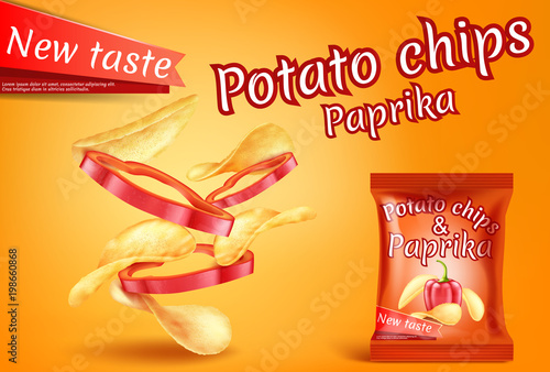 Vector promotion banner with realistic potato chips and paprika slices. Fast food with hot pepper, foil package with crispy salted snacks on orange background. Mockup for brand ad, packaging design