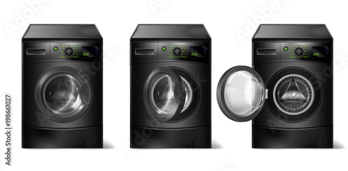 Vector set of 3d realistic black washing machines, compact washer with front-loader, with open and closed door isolated on background. Modern household appliance for laundry, mockup for your design