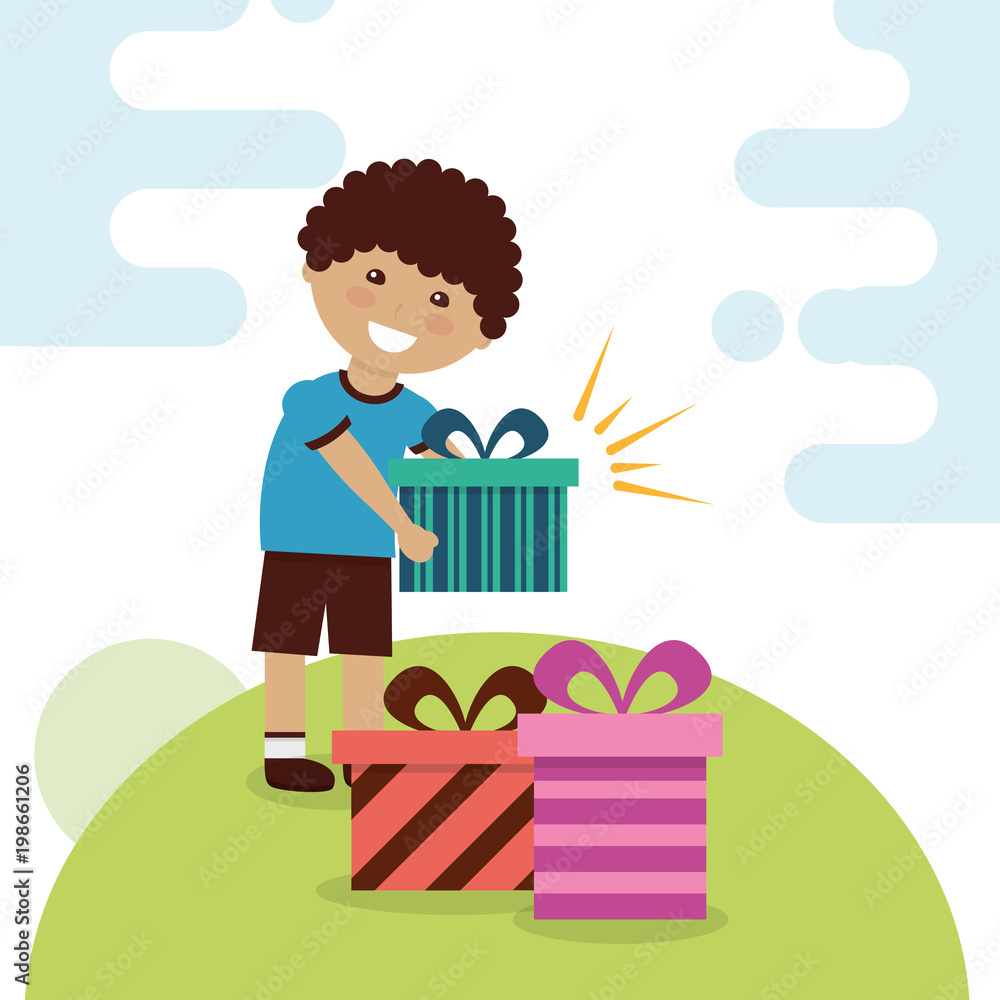 happy young boy holding gift box and various boxes in floor vector illustration